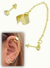 Brinco EAR CUFF folheado a ouro c/ strass e correntinha