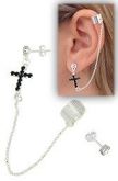 Brinco EAR CUFF folheado a prata c/ cruz em strass e corrent