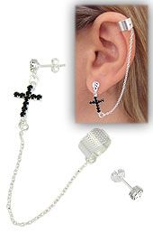 Brinco EAR CUFF folheado a prata c/ cruz em strass e corrent